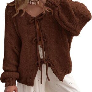 Women's Tie Front Bow Cardigan Sweaters Chunky Knit Long Puff Sleeve Trendy Fall